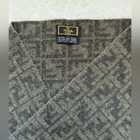 Fendi Zucca‎ Scarf Logo 100% Wool Olive Green Authentic Vintage Luxury Outdoor - Picture 3 of 7